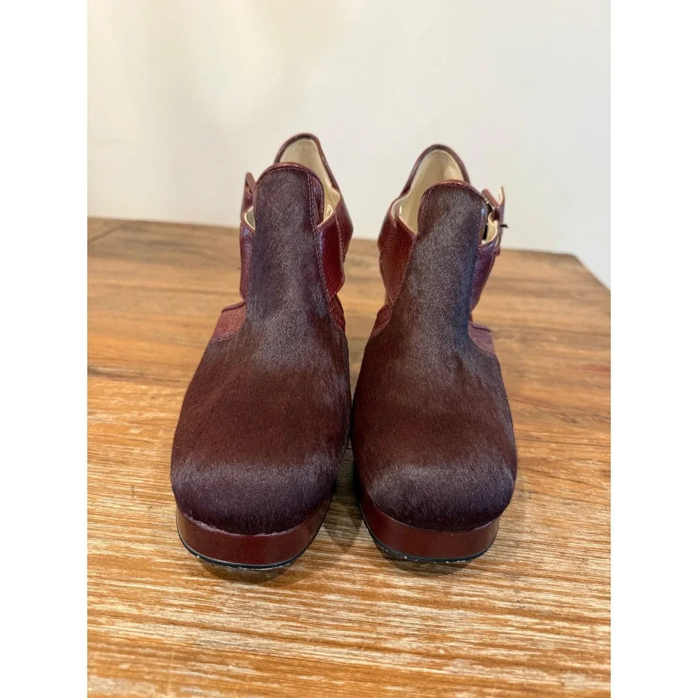 Vintage Clarks Orla Kiely Burgundy Leather Brown Hair Platform Heel Shoes 9.5